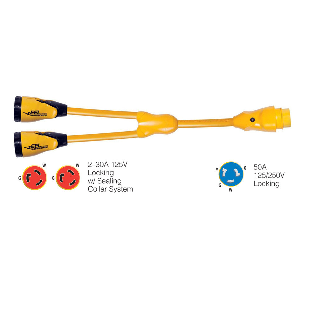 Marinco Y504-2-30 EEL (2)-30A-125V Female to (1)50A-125/250V Male &#34;Y&#34; Adapter - Yellow - Reel Draggin' Tackle
