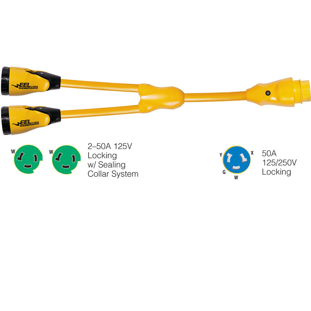 Marinco Y504-2-503 EEL (2)50A-125V Female to (1)50A-125/250V Male &#34;Y&#34; Adapter - Yellow - Reel Draggin' Tackle - 2