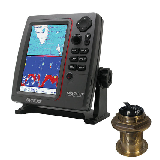 SI-TEX SVS-760CF Dual Frequency Chartplotter/Sounder w/ Navionics+ Flexible Coverage & Bronze 12 Degree Transducer - Reel Draggin' Tackle