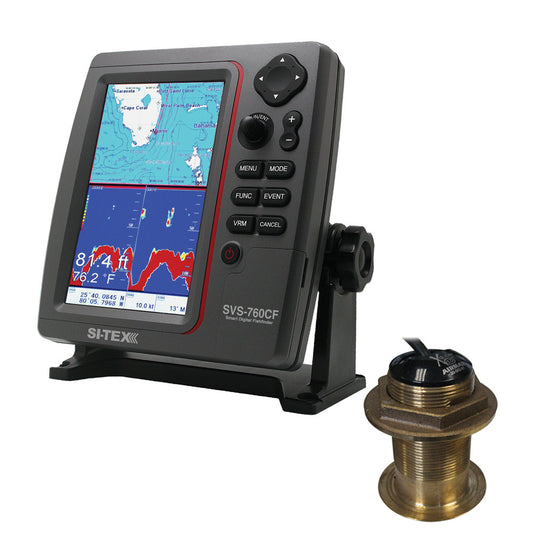 SI-TEX SVS-760CF Dual Frequency Chartplotter/Sounder w/ Navionics+ Flexible Coverage & Bronze 20 Degree Transducer - Reel Draggin' Tackle
