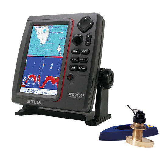 SI-TEX SVS-760CF Dual Frequency Chartplotter/Sounder w/ Navionics+ Flexible Coverage & Bronze Thru-Hull Triducer - Reel Draggin' Tackle