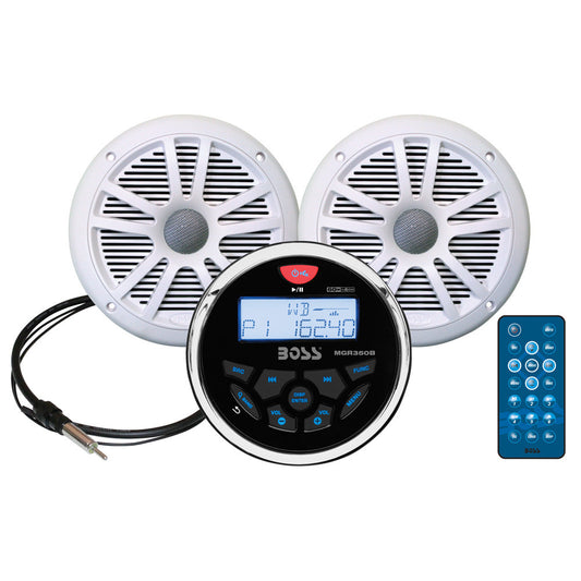 Boss Audio MCKGB350W.6 Combo - Marine Gauge Radio w/Marine Antenna & 2 6.5" Speakers - White - Reel Draggin' Tackle
