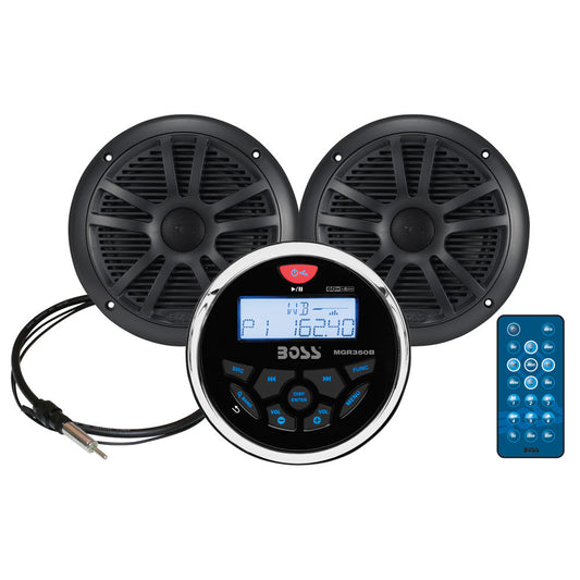 Boss Audio MCKGB350B.6 Combo - Marine Gauge Radio w/Marine Antenna & 2 6.5" Speakers - Black - Reel Draggin' Tackle
