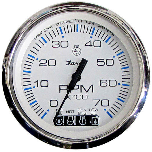 Faria Chesapeake White SS 4" Tachometer w/Systemcheck Indicator - 7,000 RPM (Gas - Johnson/Evinrude Outboard) - Reel Draggin' Tackle