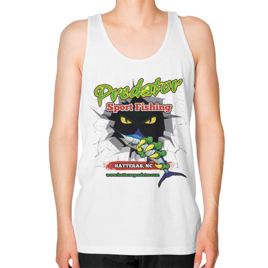 Unisex Fine Jersey Tank (on man) White Reel Draggin' Tackle