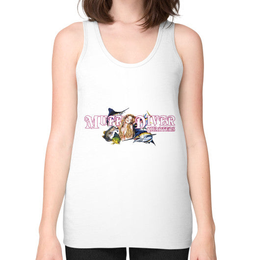 Unisex Fine Jersey Tank (on woman) White Reel Draggin' Tackle