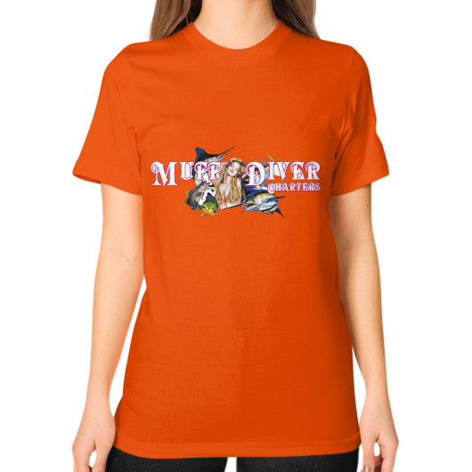 Unisex T-Shirt (on woman) Orange Reel Draggin' Tackle