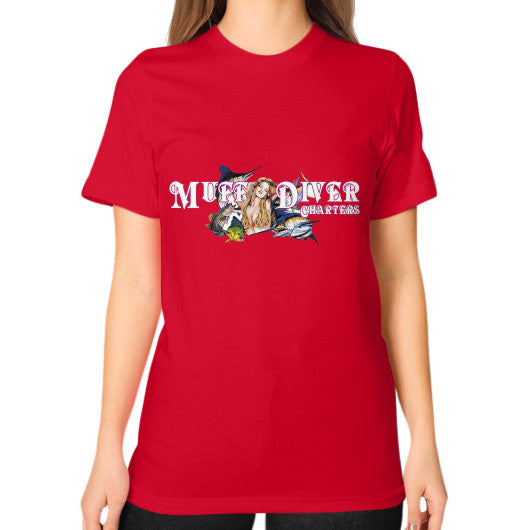 Unisex T-Shirt (on woman) Red Reel Draggin' Tackle