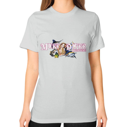 Unisex T-Shirt (on woman) Silver Reel Draggin' Tackle