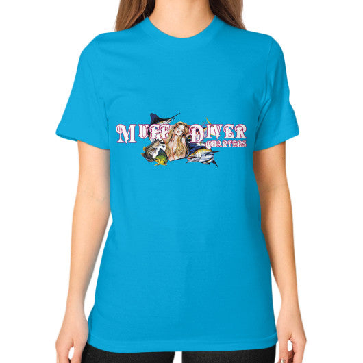 Unisex T-Shirt (on woman) Teal Reel Draggin' Tackle